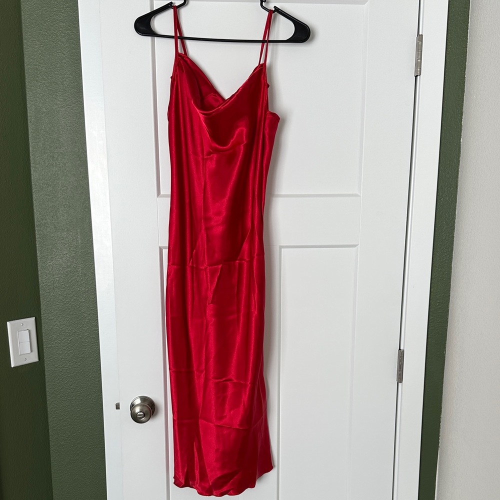 Bebe Red Faux Satin Drape Neck Dress NWT